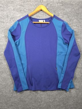 Athleta Blue Stripe Performance Long Sleeve Top L Zipper Pocket Gorpcore